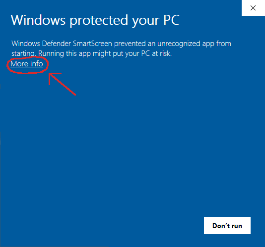 A screenshot of Windows Defender with a red oval around the 'More info' link to highlight what to click to process