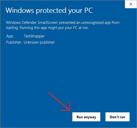 A screenshot of Windows Defender with a red arrow pointing to the 'Run anyway' button to highlight what to click to process