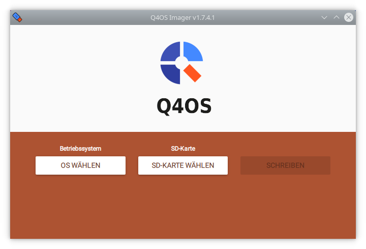 A screenshot showing the Q4OS Imager for Windows with German text for the operating system and SD card options