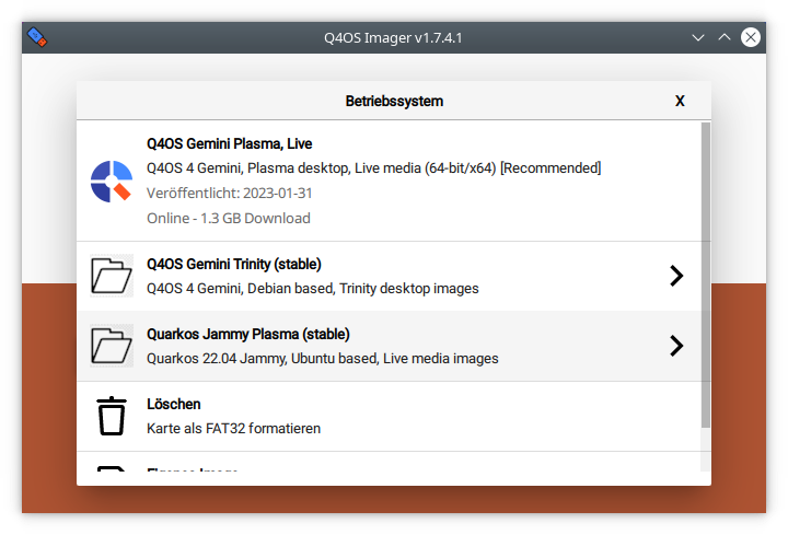 A screenshot showing the Q4OS Imager for Windows with various version choices