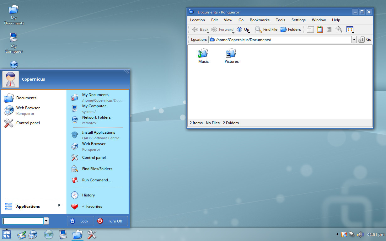 A screenshot of Q4OS running the Trinity desktop with the Konqueror file manager open and an active launcher menu