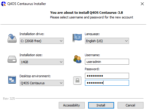 A screenshot of the Q4OS Centaurus installer running on Windows