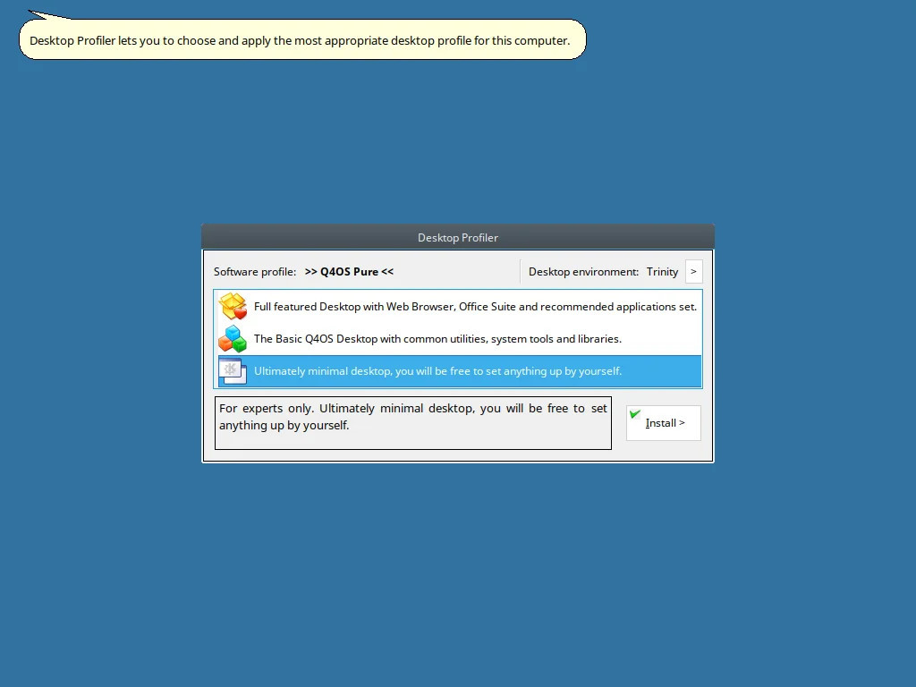 A screenshot of the Q4OS desktop profiler running during installation