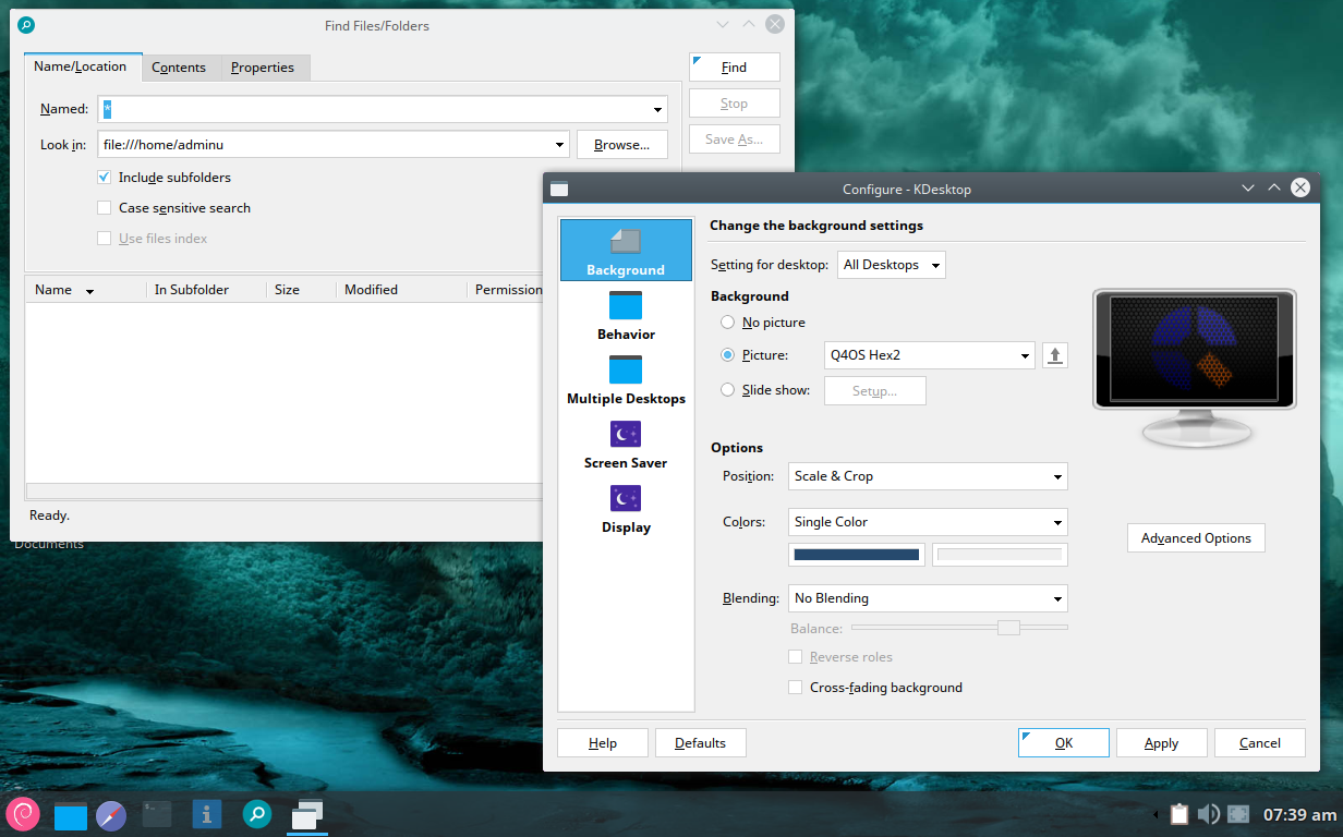 A screenshot of Q4OS running the Trinity desktop with the find and configuration applications open