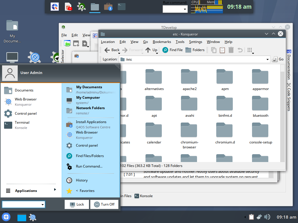 A screenshot of Q4OS running the Trinity desktop with the file manager and TDevelop open and an active launcher menu