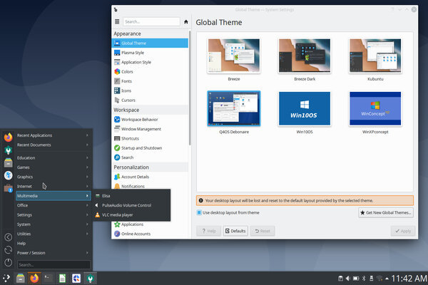 A screenshot of Q4OS running the Plasma desktop with the system settings open and an active launcher menu