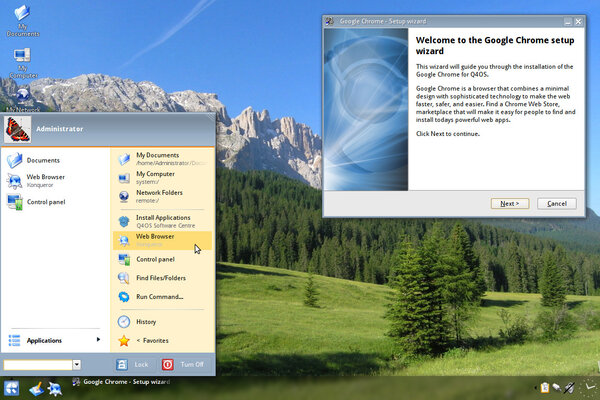 A screenshot of Q4OS running the Trinity desktop with the Google Chrome setup wizard open and an active launcher menu