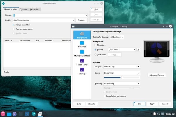 A screenshot of Q4OS running the Trinity desktop with the find and configuration applications open