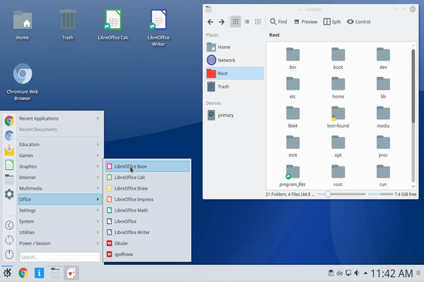 A screenshot of Q4OS running the Plasma desktop with the file manager open and an active launcher menu