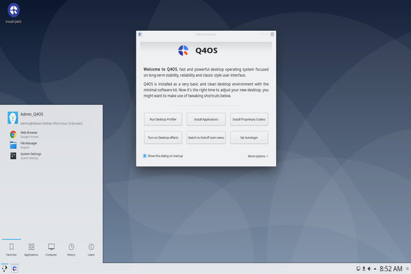 A screenshot of Q4OS running the Plasma desktop with the welcome screen open and an active launcher menu